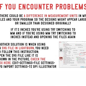 K&ouml;nnte beinhalten: Wei&szlig;er Hintergrund mit rotem Text, der "IF YOU ENCOUNTER PROBLEMS:" liest, gefolgt von Anweisungen zur Behebung von Problemen mit SVG-Dateien in Lightburn. Ein Screenshot der Lightburn-Software ist enthalten.