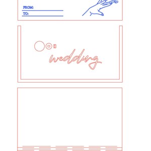 K&ouml;nnte beinhalten: Ein dreiteiliges Hochzeitskartendesign mit roten Umrissen und blauen Details. Der obere Abschnitt enth&auml;lt Zeilen f&uuml;r "VON:" und "AN:" und eine Handillustration. Der mittlere Abschnitt sagt "wedding" in Kursivschrift. Der untere Abschnitt sagt "HAPPY wedding DAY" mit floralen Akzenten.