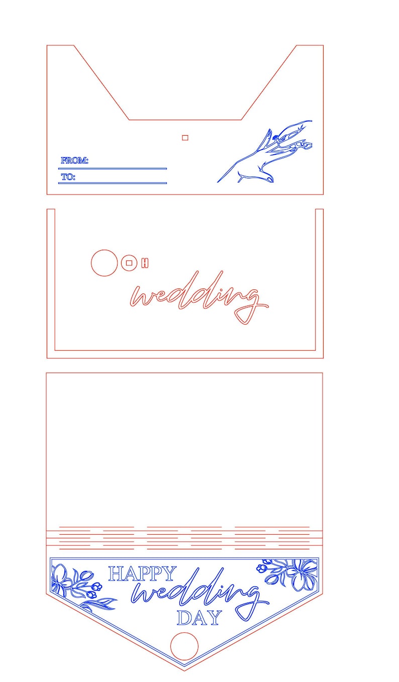 K&ouml;nnte beinhalten: Ein dreiteiliges Hochzeitskartendesign mit roten Umrissen und blauen Details. Der obere Abschnitt enth&auml;lt Zeilen f&uuml;r "VON:" und "AN:" und eine Handillustration. Der mittlere Abschnitt sagt "wedding" in Kursivschrift. Der untere Abschnitt sagt "HAPPY wedding DAY" mit floralen Akzenten.