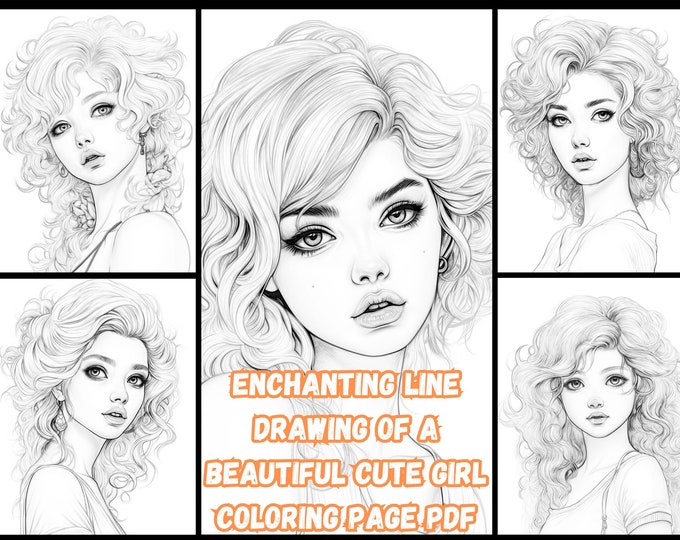 Enchanting Line Drawing Coloring Page of Beautiful Cute Girl