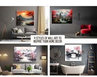 4 Style Japanese mountain landscape watercolor painting gallery canvas wall art