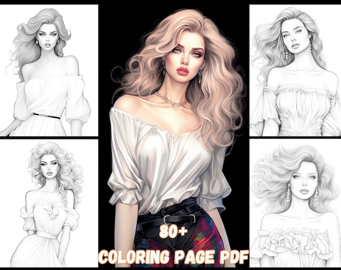 Chic Off-the-Shoulder Top Coloring Page – Fashionable Detailed Woman Design – Printable Adult Coloring Art – Trendy DIY Craft
