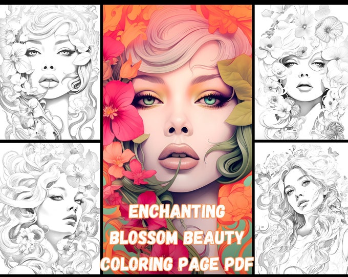 15 Coloring Pages: Enchanting Blossom Beauty Floral Fantasy Art with Girl and Flowers