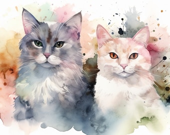 cute watercolor cat digital art canvas prints cat lovers gift