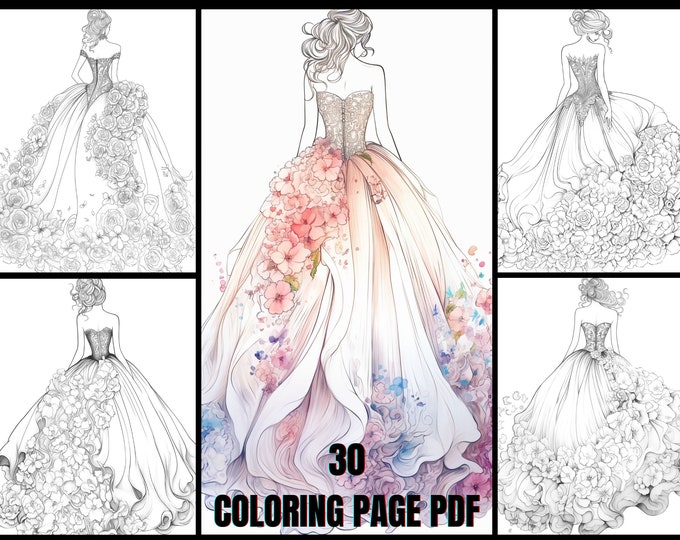 Evening Dress White Background Coloring Pages Elegant & Fluffy Gowns for Relaxation and Artistic Expression