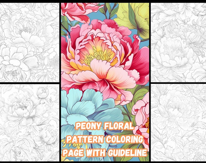 16 Peony Floral Pattern Coloring Page with Guidelines: Relaxing Flower Outline Illustration for Adults and Children