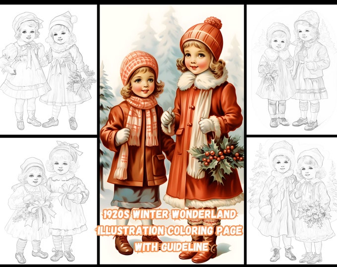 20 Vintage Christmas Coloring Pages: 1920s Winter Wonderland Illustration with Guideline