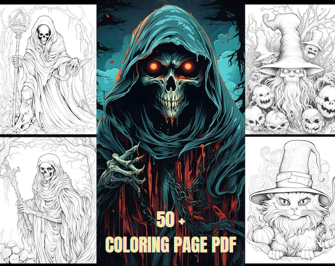 Spooky Shadows Adult Coloring pages of Grim Reaper and Skeletons  A Halloween Art Journey