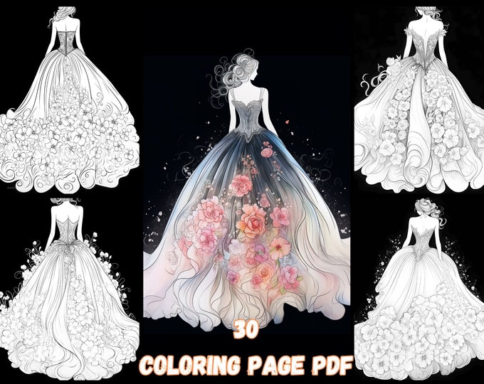 Evening Dress Black Background Coloring Pages Elegant & Fluffy Gowns for Relaxation and Artistic Expression