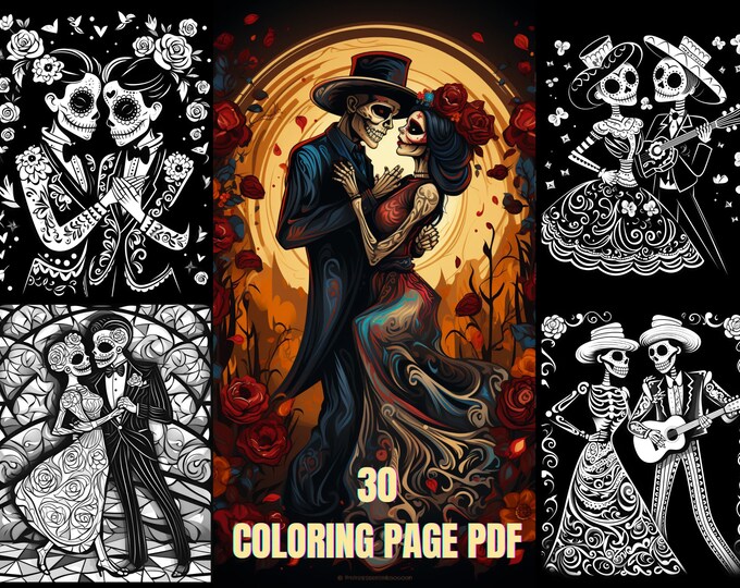Diary of Art Ethereal Enchantment Halloween Skeleton Couple Coloring Pages for Adults & Teens
