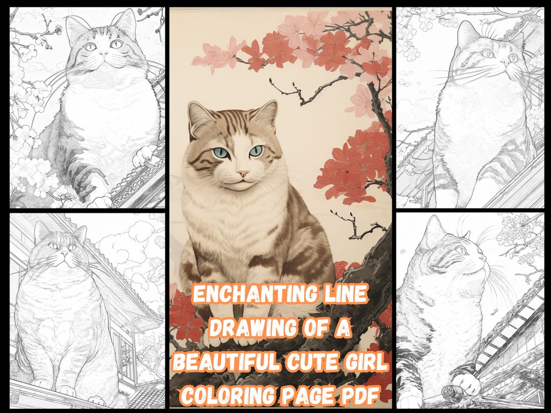 12 Vintage Cat Coloring Page in Japanese Style: Lively Artistry for