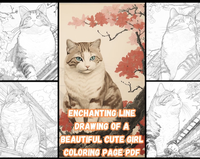 12 Vintage Cat Coloring Page in Japanese Style: Lively Artistry for Relaxation and Creative Expression