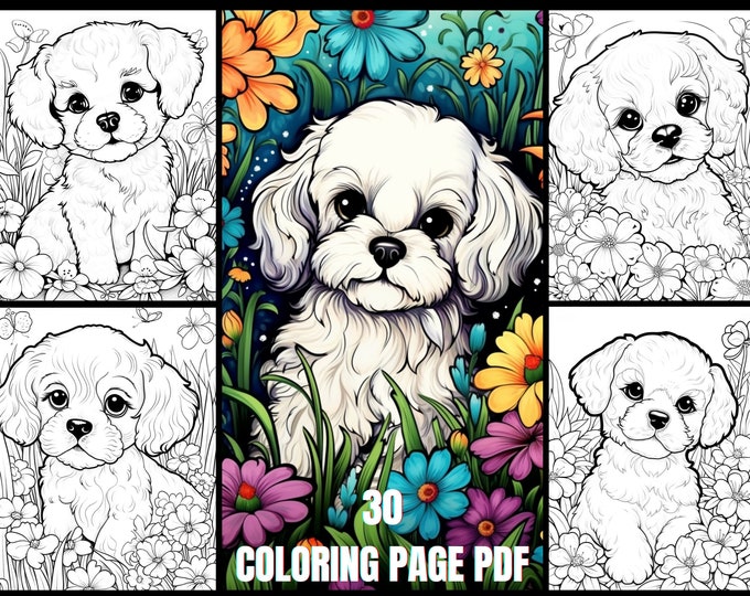 Charming Puppy and Flower Forest Coloring Pages, Printable Coloring pdf,Kid's Art Activity,Fun Animal Coloring, DIY Home Schooling Resources