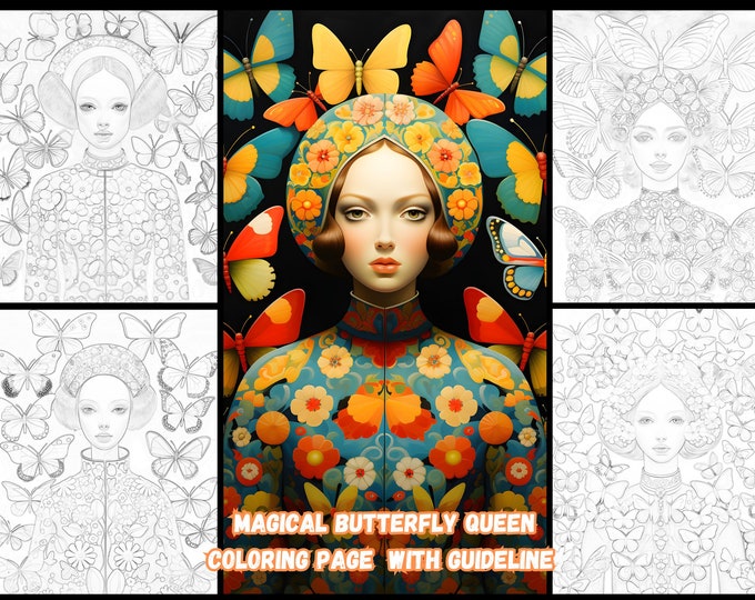 16 Butterfly Queen Coloring Pages: Magical Colorful Design | Stress-Relief Art Activity for Adults and Kids