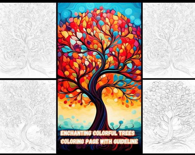 20 Enchanting Colorful Trees Coloring Page with Easy-to-Follow Guide Line - Relaxing Nature Art Therapy Activity