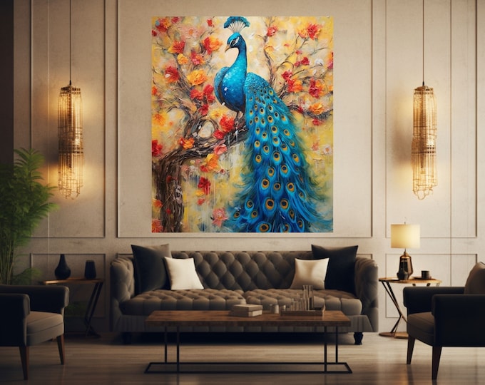 Peacock beautiful feathers watercolor painting bird wall art