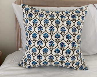 Hand Block Printed Throw Pillow 18" Square (down insert included)