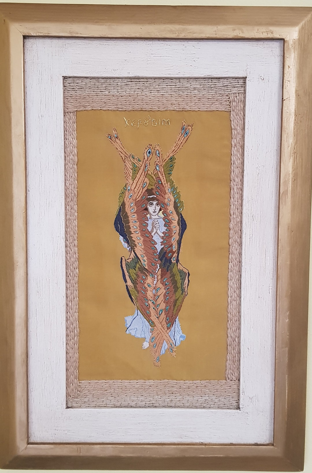 Icon of the Archangel Gabriel. Embroidered Painting Cherub