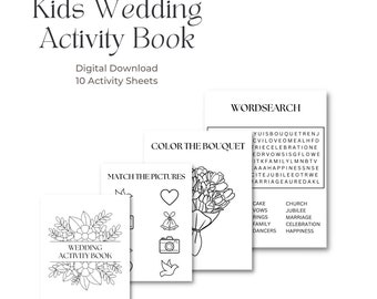 May include: Black and white printable activity book for kids with a wedding theme. The book includes a word search, a color the bouquet page, and a match the pictures page. The cover features a floral design with the text "Wedding Activity Book".