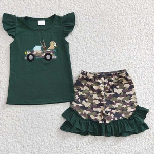 Duck hunting outfit, baby girls hunting outfit, outdoor summer clothing, toddler clothes, children outfit, hunting outfit, truck with dog,