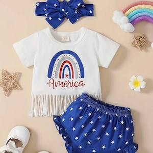 3pcs Baby Girls Casual Round Neck Fringe Hem T-shirt, bummie Headband Set