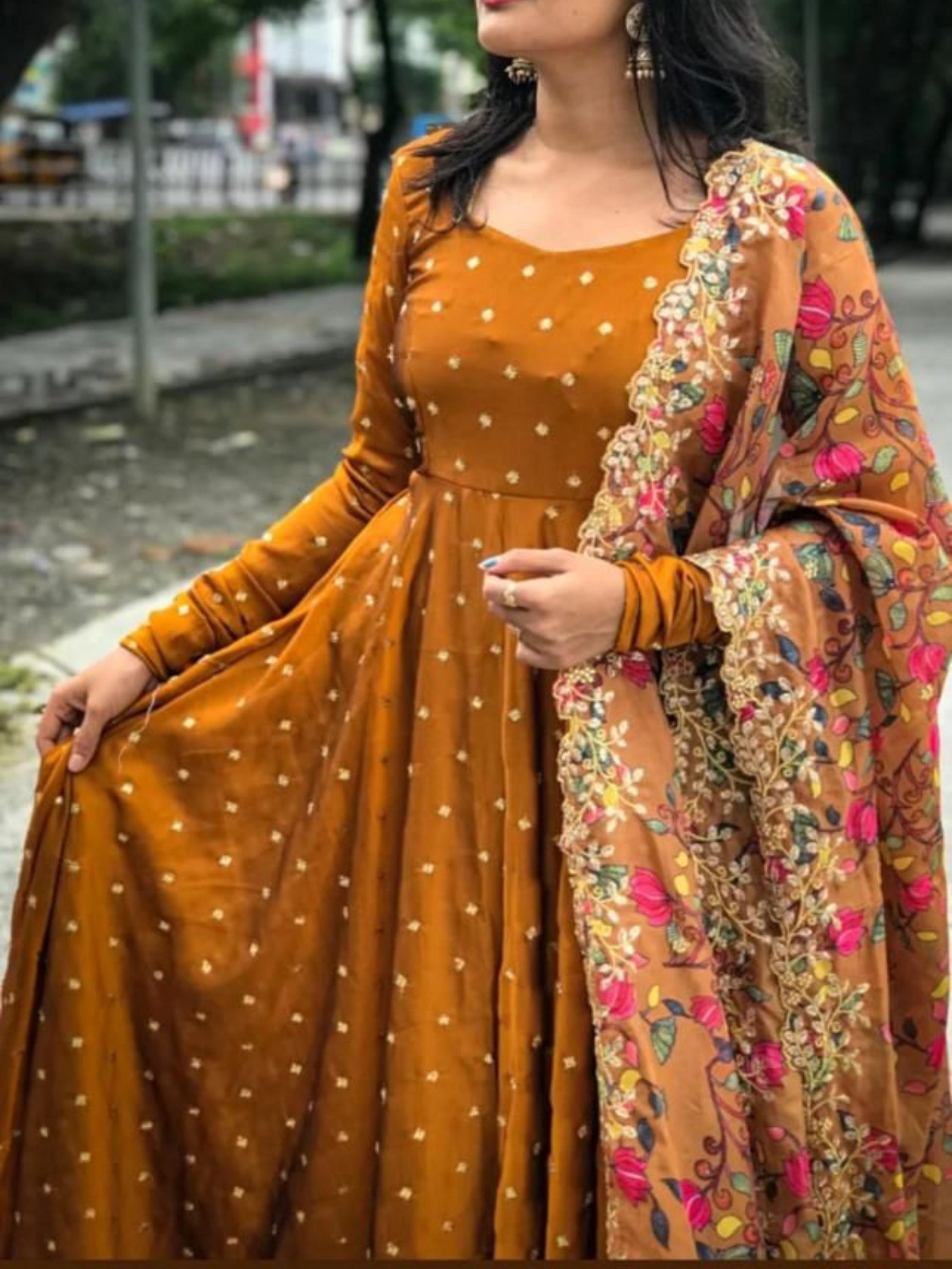 Coffee Brown Floral Printed Wedding Festive Anarkali Gown