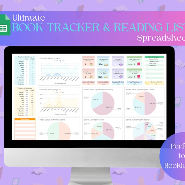 Tracciatore di libri e foglio di calcolo dell'elenco di lettura/Fogli Google/Tracciatore di serie di libri/Dashboard di lettura/Preferiti/Lista dei desideri/Amante dei libri