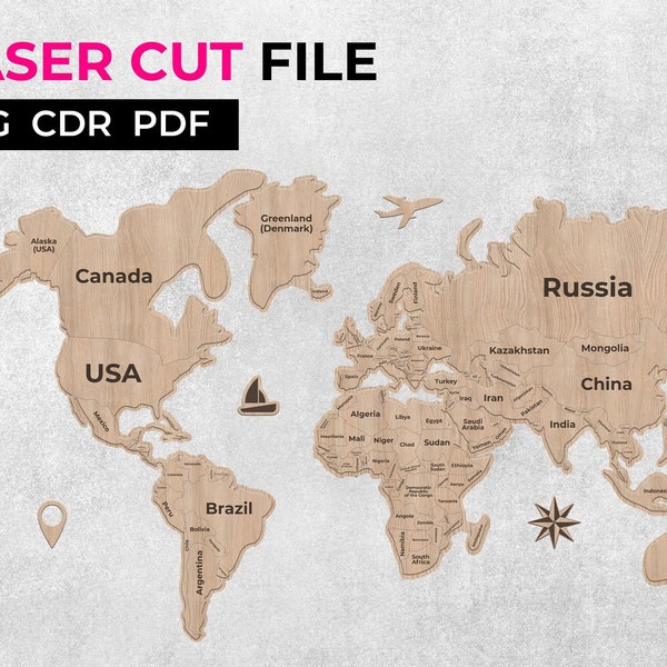 Laser cut Map of the World puzzle with country names cutting file File for Glowforge, Vector cut file, Digital file