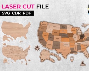 Laser cut usa map SVG glowforge file usa map by states cutting file usa cnc plan united states map CRD PDF