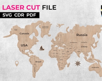 Laser cut Map of the World puzzle with country names cutting file File for Glowforge, Vector cut file, Digital file