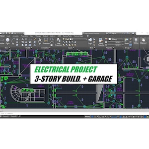 Pode incluir: Uma tela de computador exibindo um projeto elétrico. O projeto mostra um edifício de três andares com uma garagem. O texto "ELECTRICAL PROJECT 3-STORY BUILD. + GARAGE" é exibido em verde na tela.