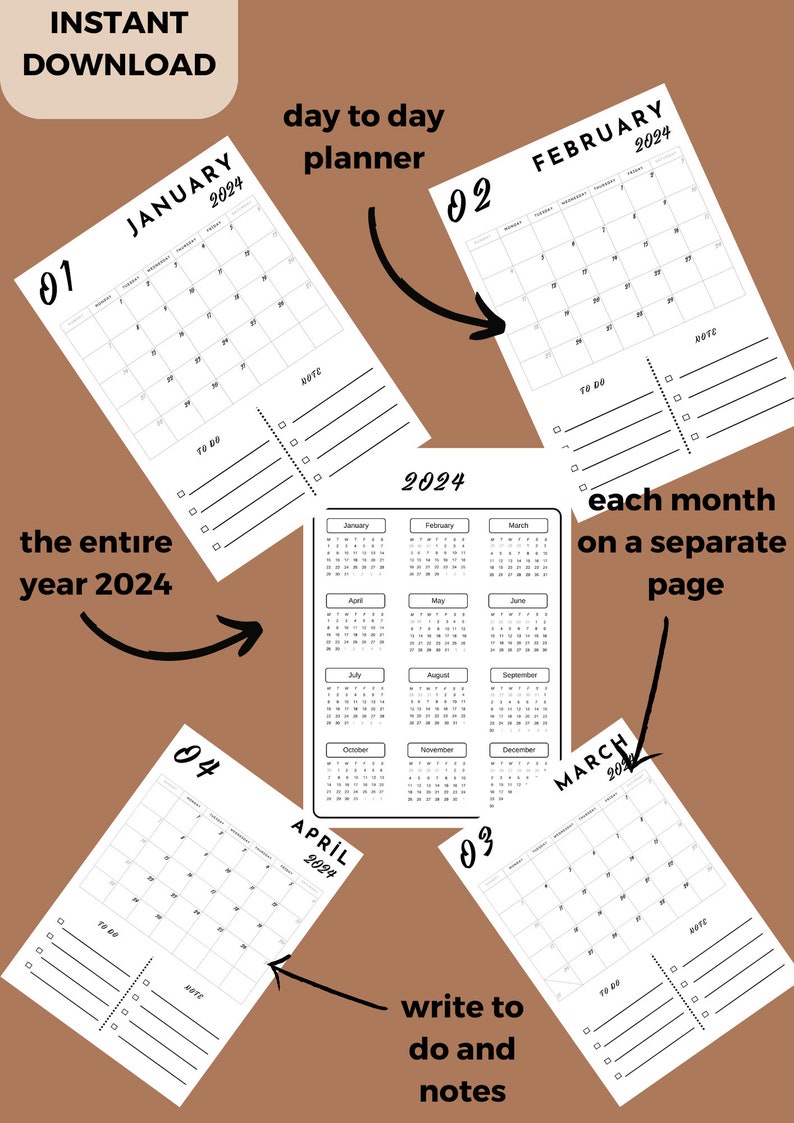 2024 Monthly Planner Monday Start Minimal Calendar Calendar Etsy