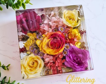 Cuadrado floral de resina, recuerdo conmemorativo de flores preservadas, conservación de flores para bodas.