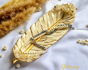 Handmade Feather Resin Trinket Dish, Pearls and Crystals, Jewellery Tray, Boho Home Décor Gift