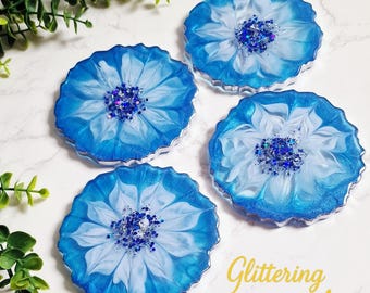 Handmade Sapphire Blue Resin Coasters, 3D Flower Design, Home Decor, Drinks Coasters