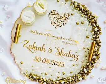 Personalized Resin Wedding Ring Tray with Crystals & Pearls, Nikah Engagement Decor