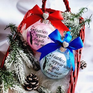 Memorial Bauble, Shatterproof Bauble, Remembrance Bauble, Personalised Christmas Gift, Christmas Feather Decoration