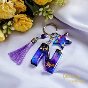 Custom Galaxy Resin Initial Keychain, Personalized Letter Keyring