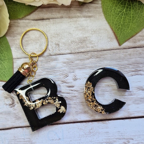 Gold Keychain Initial Resin Keychain Calligraphy Gold Custom Gifts