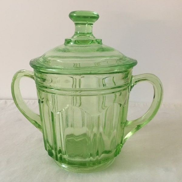 Rare Find. Vintage “Colonial Knife and Fork” Double Handled Uranium Green Depression Glass Open Sugar Bowl. Hocking Glass. Misc Lid