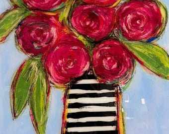 Pink Peonies Acrylic Print | Striped Vase Floral Wall Art | Abstract Wall Art