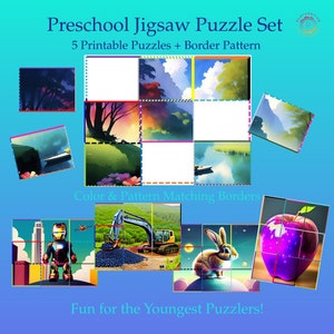 Unique Digital Printable Jigsaw Puzzle PDFs with AI-Generated Art for Preschoolers, Color & Pattern Matching Borders