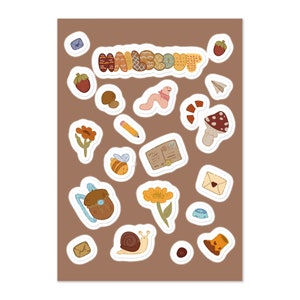May include: A sheet of stickers with a brown background featuring various woodland and nature-themed illustrations, including a mushroom, a snail, a bee, a sunflower, a worm, a backpack, a letter, and the word "Welcome" in a colourful, patterned font.