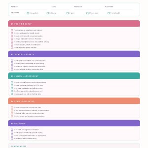 May include: A Telehealth Visit Checklist document titled Remote Clinical Workflow Guide. It features sections for patient details, visit type, and five color-coded steps: Pre-Visit Setup, Identity + Safety, Clinical Assessment, Plan + Follow-Up, and Post-Visit.