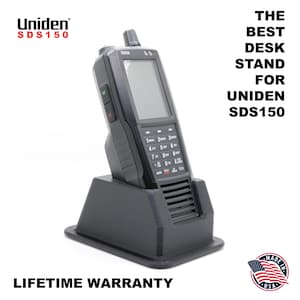 May include: A black Uniden SDS150 scanner radio in a black desk stand. The radio has a digital display and a keypad with numbered buttons. The stand is designed to hold the radio upright. Text on the image reads "THE BEST DESK STAND FOR UNIDEN SDS150" and "LIFETIME WARRANTY."