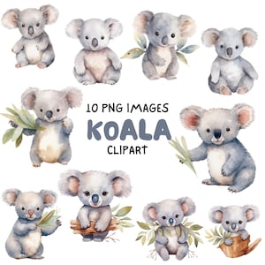 10 süße Koala Clipart Bundle, Aquarell, Kinderzimmer Wandkunst, Kinderzimmer Malerei, Baby Shower PNG