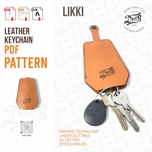Peut inclure: Un patron de porte-clés en cuir marron au format PDF. Le patron comprend des trous de couture et est conçu pour la découpe au laser. Le patron est pour un porte-clés avec une boucle pour les clés et un rabat qui peut être plié pour sécuriser les clés. Le patron est intitulé "Dess" et "Likki".