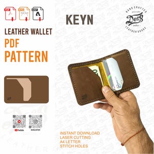 Cartera minimalista de cuero para tarjetas, patrón de plantilla digital en PDF tamaño carta de EE. UU. A4, patrón de billetera de cuero, patrón de billetera en PDF, patrón de cuero