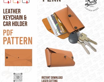 May include: A digital download pattern for a leather keychain and car holder. The pattern includes stitch holes and is available in PDF, SVG, and DXF formats. The pattern is for a brown leather keychain and car holder with a flap closure and a key ring.