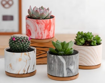 Round Ceramic Marble Effect Succulent Planters WITH Bamboo Coaster / Small Desktop Plant Pot / Indoor Office Home Decor / Gift Idea